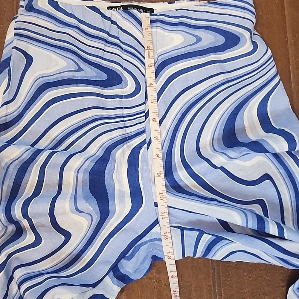Zara Blue White High Waist Flare Slit Leg Pants Groovy Disco Linen